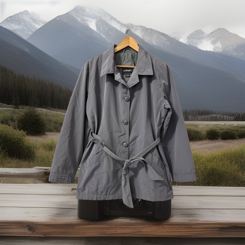 OutBrook Women's Gray Rain Coat Button Jacket Lined Belted Pockets Size L